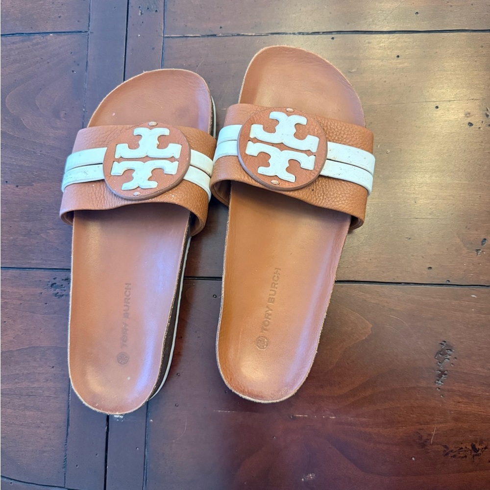 Tory Burch Tan Leather Slide Sandals with White Stripes